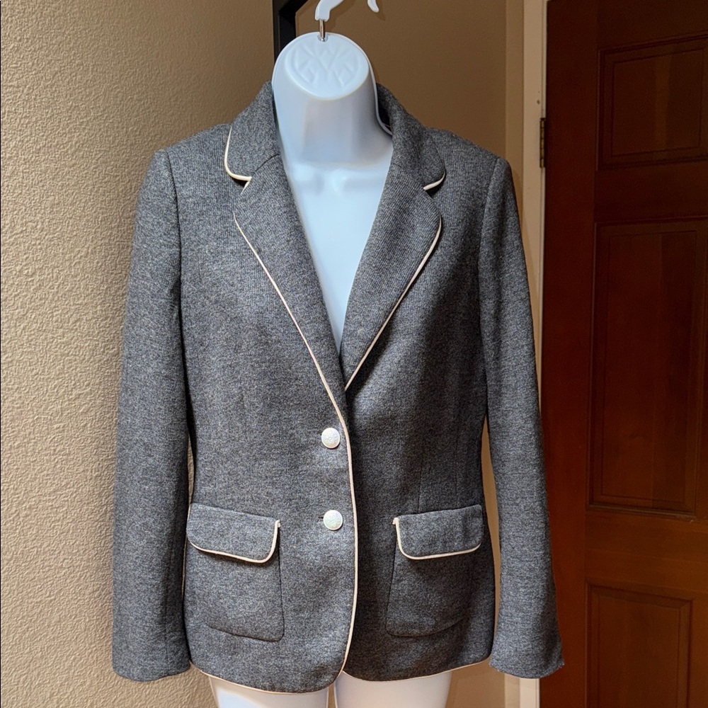 Banana Republic Gray Melange Wool Blend Knit Blazer White Satin Piping Sz 6P